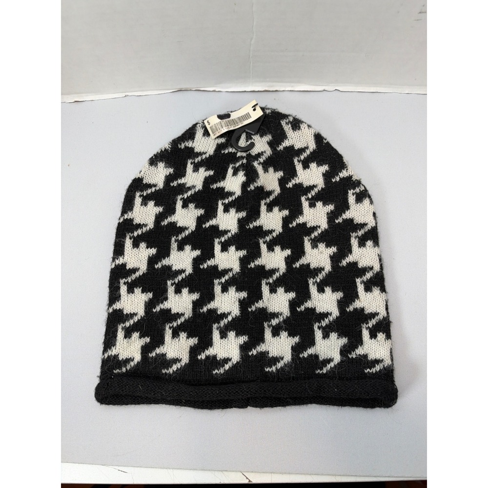 NWT H&M Beanie Women One Size Black White Houndstooth Knit Wool Blend Winter Hat
